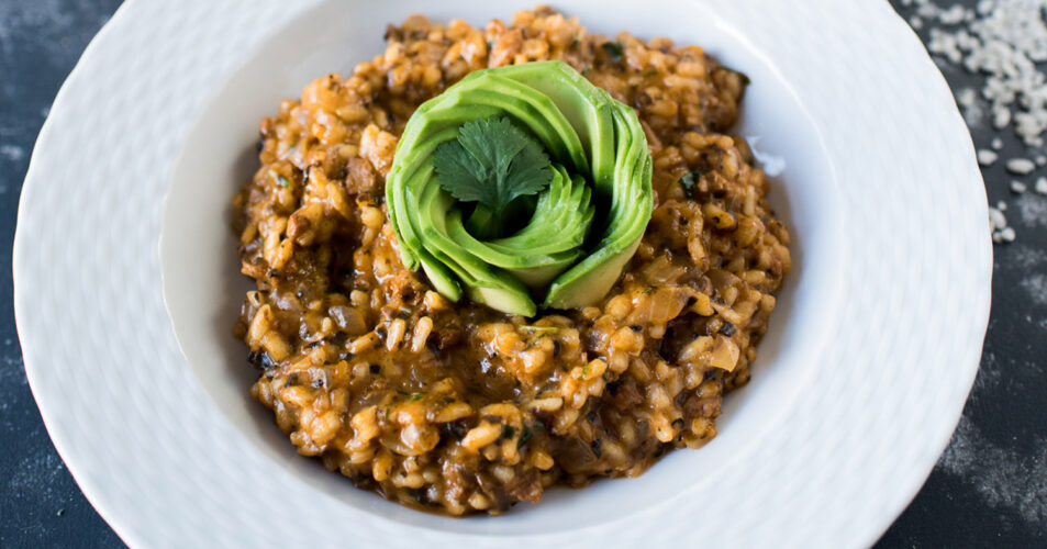 Soy Chorizo Risotto with Mushrooms and Queso Quesadilla Cacique® Inc.