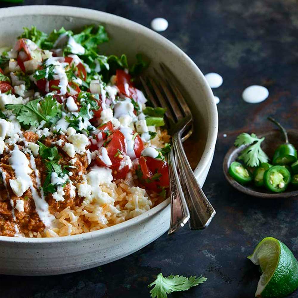 Chorizo Refried Bean Burrito Salad Bowls with Queso Fresco