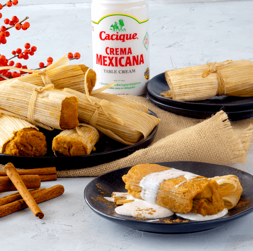 Pumpkin Pie Tamales with Pumpkin Pie Crema