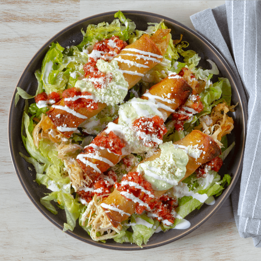 Chicken Taquitos with Avocado Crema and Cacique Salsa