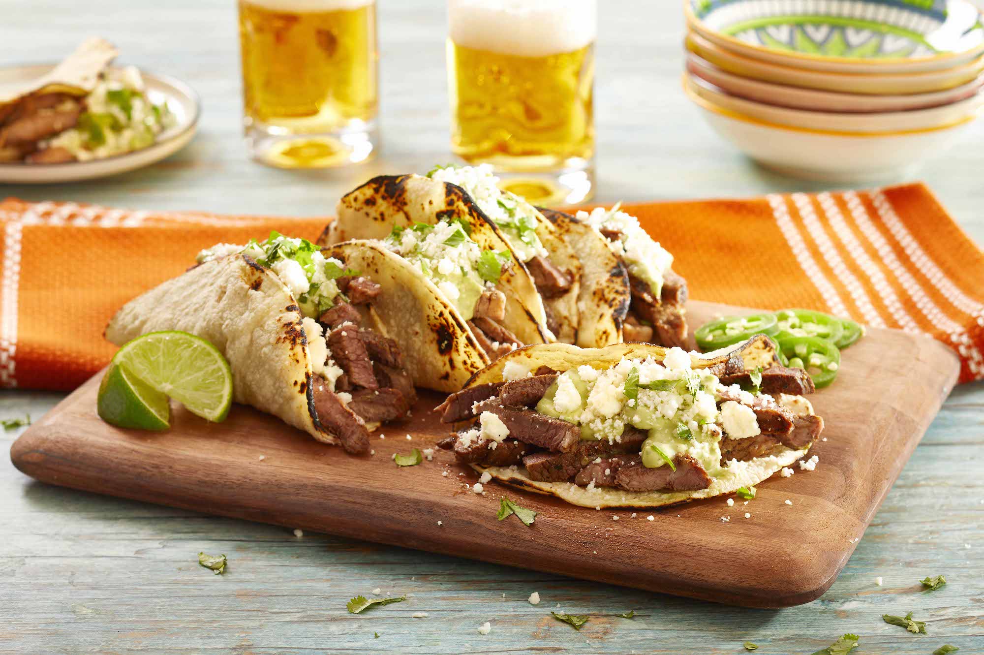 Steak Tacos With Avocado Crema & Queso Fresco