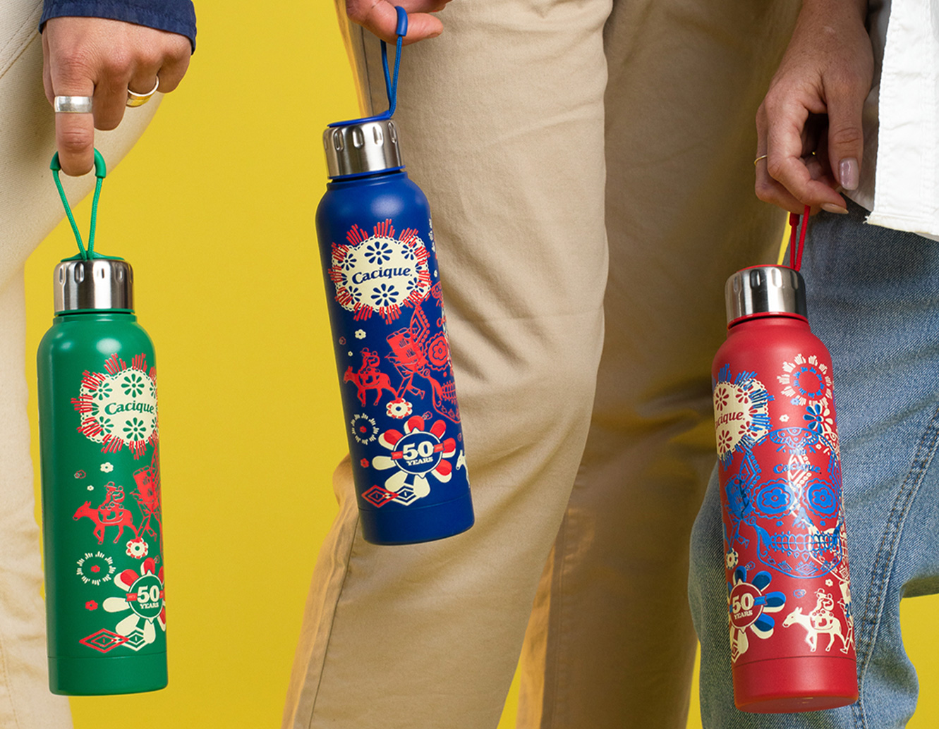 three different styles of Cacique water bottles