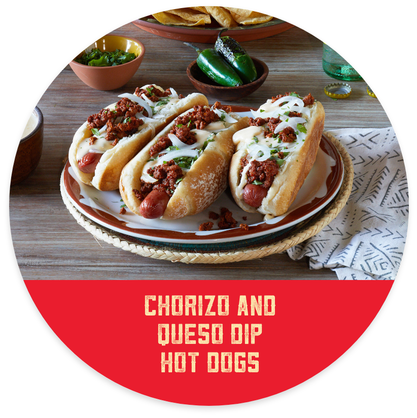 Chorizo and Queso Dip Hot Dogs